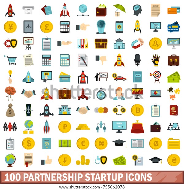 100 partnership startup icons set in flat\
style for any design \
illustration