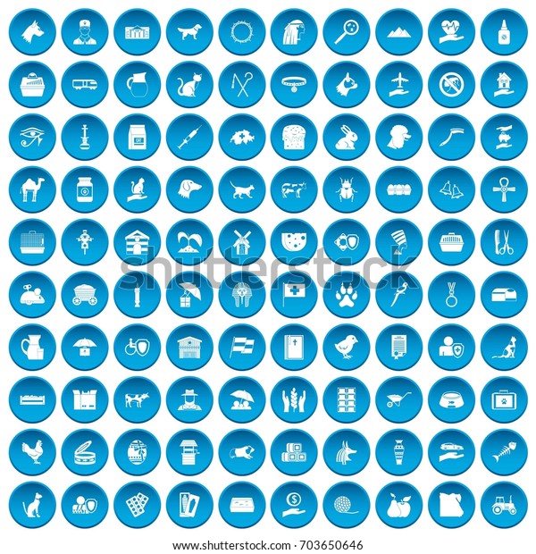 100 pets icons set in blue circle isolated\
on white \
illustration