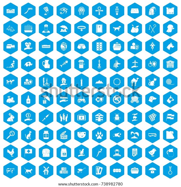 100\
pets icons set in blue hexagon isolated \
illustration