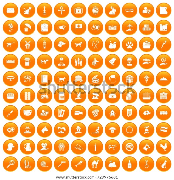 100 pets icons set in orange circle isolated\
on white \
illustration