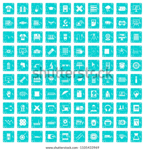 100 printer icons set in grunge\
style blue color isolated on white background\
illustration