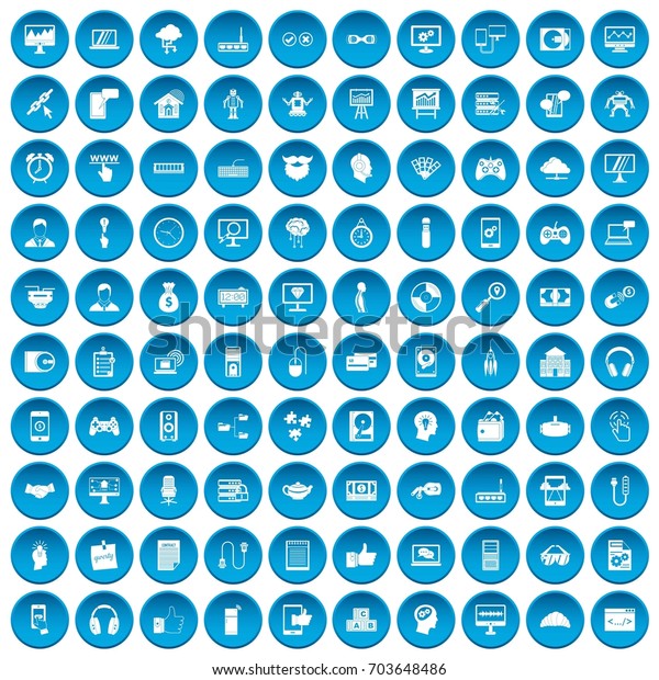 100 programmer icons set in blue circle
isolated on white 
illustration