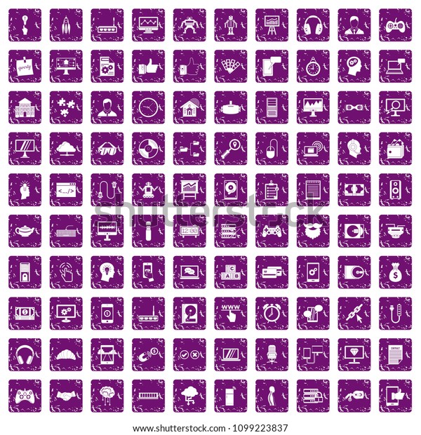 100 programmer icons set in\
grunge style purple color isolated on white background\
illustration