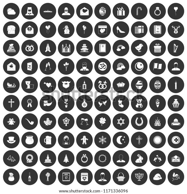 100\
religious festival icons set in simple style white on black circle\
color isolated on white background\
illustration