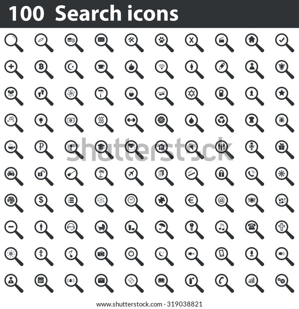 100 search\
icons set, black, on white\
background