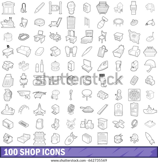 100 shop icons set in outline style for any\
design  illustration