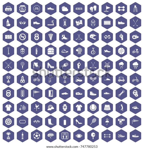 100 sneakers icons set in purple hexagon\
isolated \
illustration