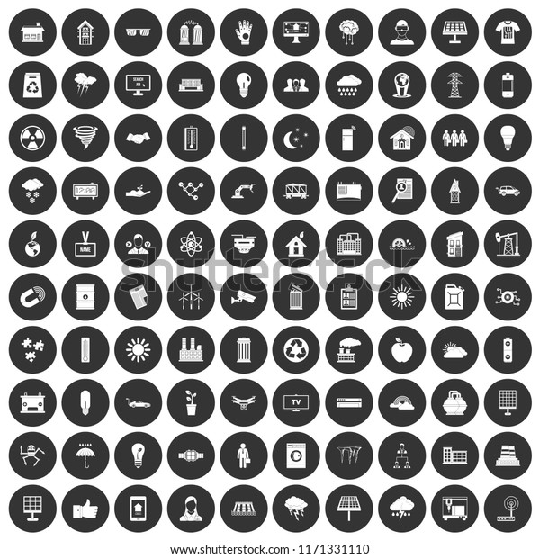 100 solar\
energy icons set in simple style white on black circle color\
isolated on white background\
illustration