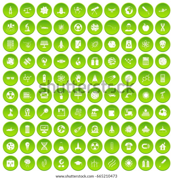 100 space technology icons set\
green circle isolated on white background \
illustration