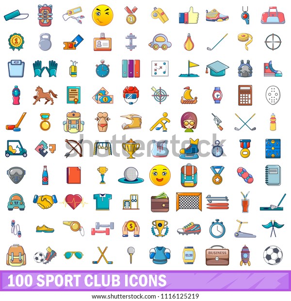 100 sport club icons set.\
Cartoon illustration of 100 sport club icons isolated on white\
background