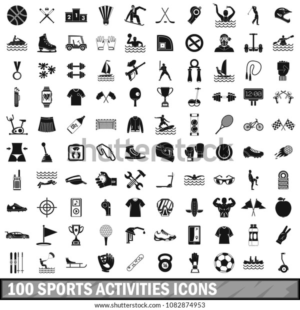 100 sports activities icons set in simple\
style for any design\
illustration