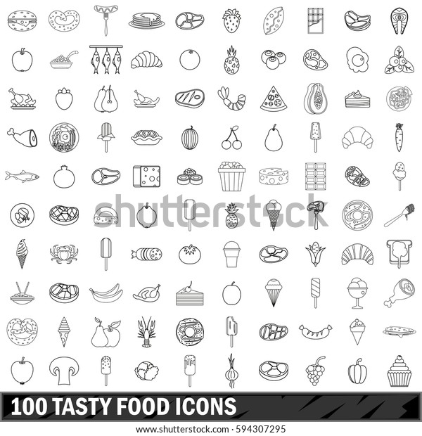 100 Tasty Food Icons Set Outline Stock Illustration 594307295