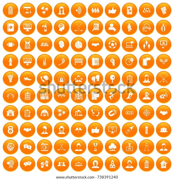 100 team icons set in orange circle isolated\
 illustration