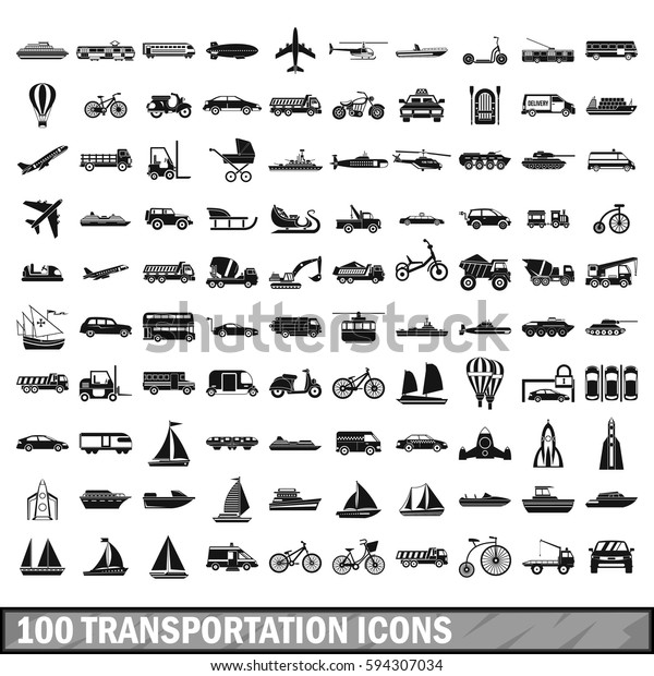 100 transport icons set\
in simple style. Illustration of transport icons isolated set for\
any design