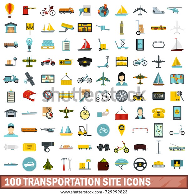 100 transportation site icons set in flat\
style for any design \
illustration