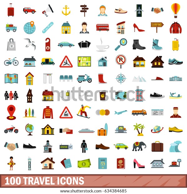 100 travel icons set in flat style for any\
design  illustration