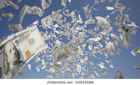 100 US Dollar, bills flying on blue sky background, 3D Rendering  with Depth of Field
