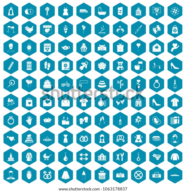 100 woman happy icons set in sapphirine\
hexagon isolated\
illustration