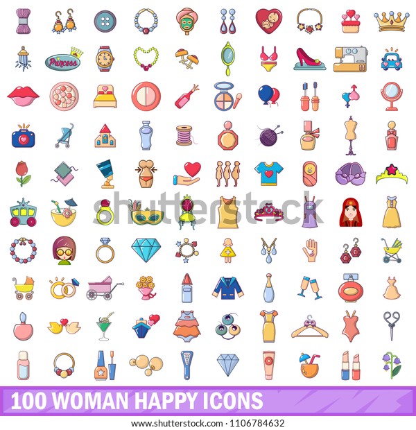 100 woman happy icons\
set. Cartoon illustration of 100 woman happy icons isolated on\
white background