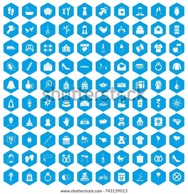100 woman happy icons set in blue hexagon\
isolated \
illustration