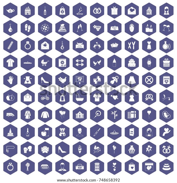 100 woman happy icons set in purple hexagon\
isolated \
illustration