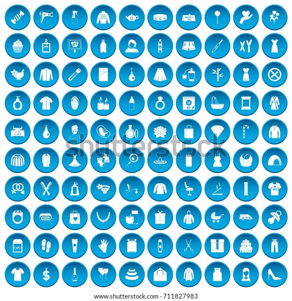 100 woman icons set in blue circle isolated\
on white \
illustration