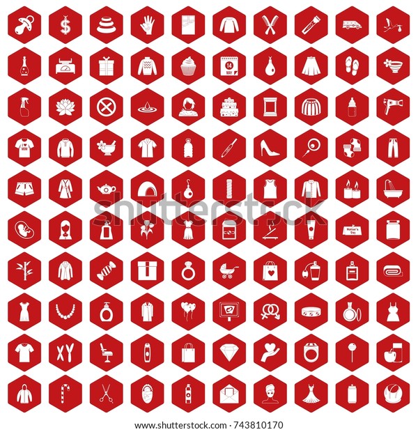 100\
woman icons set in red hexagon isolated \
illustration