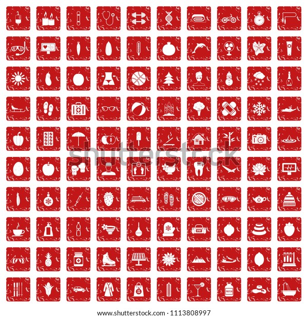 100 women health icons set in\
grunge style red color isolated on white background\
illustration