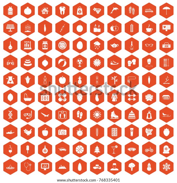 100 women health icons set in orange hexagon\
isolated \
illustration