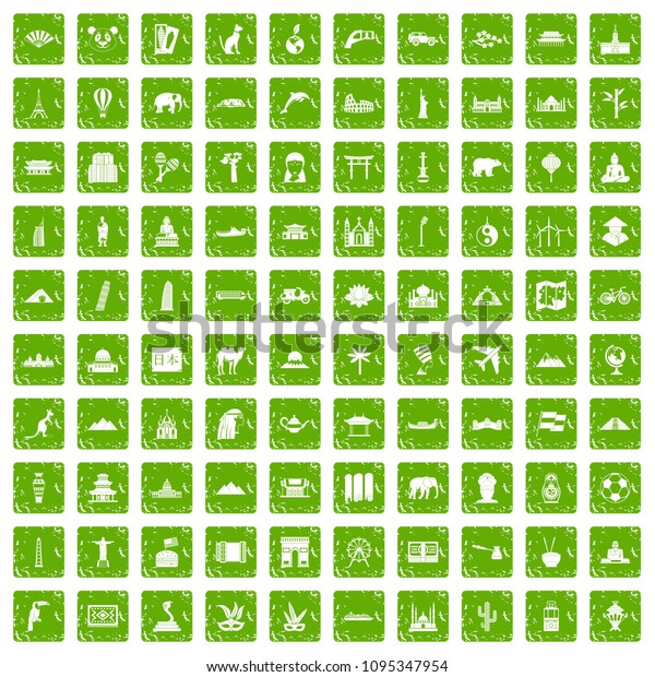 100 world tour icons set in\
grunge style green color isolated on white background\
illustration