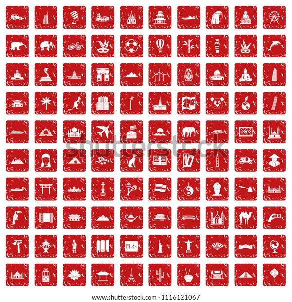 100 world tour icons set in\
grunge style red color isolated on white background\
illustration
