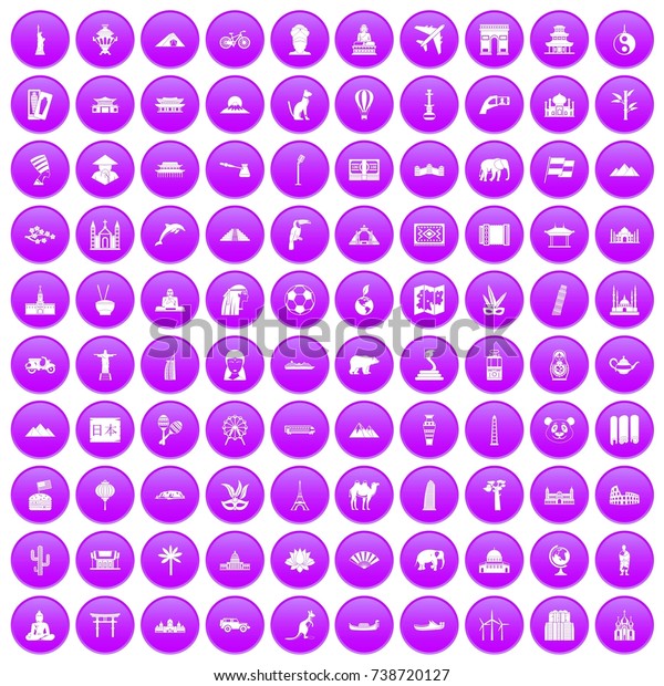 100 world tour icons set in purple circle\
isolated on white \
illustration