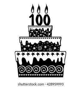 100 Years Anniversary. Happy Birthday Card. The Birthday Cake With Candles In The Form Of Number 100 Icon.  Illustration