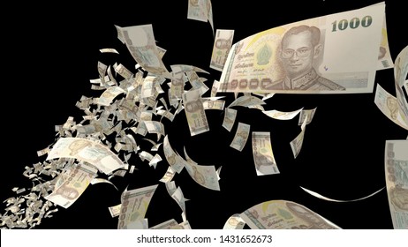 1000 Bath, One Thousand Bath (Thai Money) Bills Flying Isolated On Black Background, 3D Rendering 