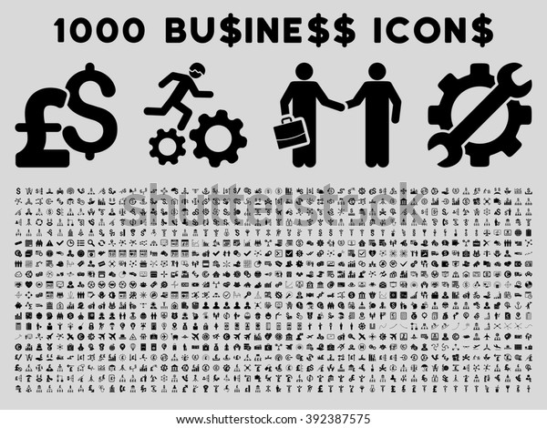 1000\
Business icons. Pictogram style is black flat icons on a light gray\
background. Pound and dollar currency icons are\
used