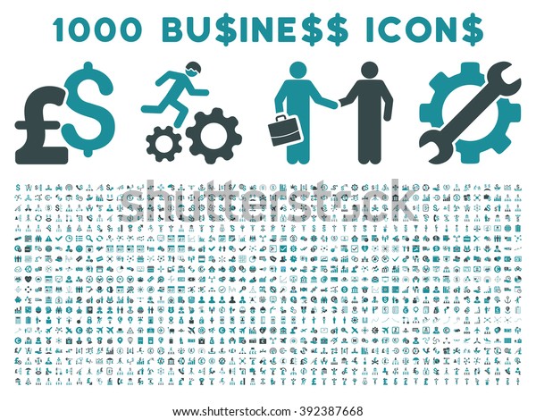 1000 Business icons. Pictogram style is bicolor soft\
blue flat icons on a white background. Pound and dollar currency\
icons are used