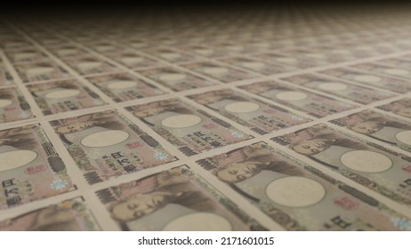 10000 Japanese Yen Bills On Money Printing Machine. Illustration Of Printing Cash. Banknotes.	3d Render.