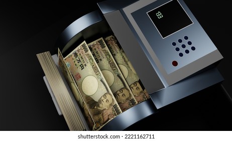 10000 Japanese Yen In Cash Dispenser. Withdrawal Of Cash From An ATM. Financial Transaction In The Bank Terminal. JPY. 3D Render.