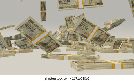 10000 Japanese Yen Money Composition. Financial Background. Many Banknotes And Wads Of Money. Business Or Economy Concept. Cash. 3d Render