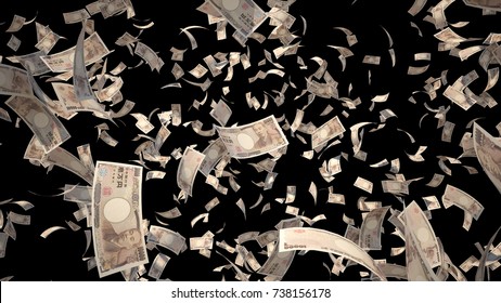 10000 Yen Banknotes (Japan Money) Flying Isolated On Black Background, 3D Rendering