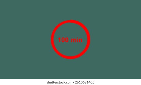 100minutes, digital countdown timer red color 4k illustration. Medium gray cyan background 4k illustration.