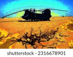 A 101st Airborne Division air crew makes repairs on their CH-47D Chinook helicopter in the Saudi Arabian desert during the Persian Gulf War