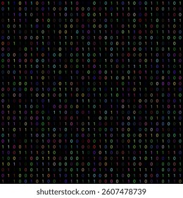 1024 numbers zero and one of the binary system with random colors on a black background ideal as a concept of data encryption and computer code on a matrix of 32x32