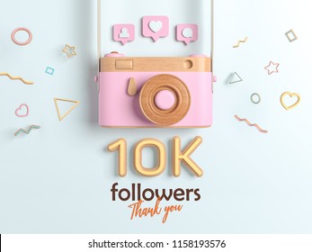 10k or 10000 followers thank you pink retro photo camera and multicolor figures 3d - how to instagram followers 10k