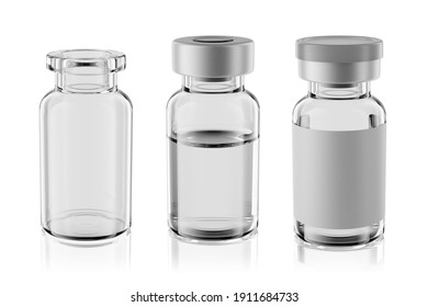 10R vaccine clear glass injection vials set isolated on white background. 3d rendering mockup.