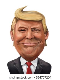 11 January 2017: President Donald Trump is smiling - cartoon portrait.  
Illustrated in Turkey by Erkan Atay.