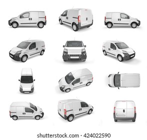 12 different views on pickup car on white background - mock up. Easily add some creative design or logo on this blank space. 3D Illustration