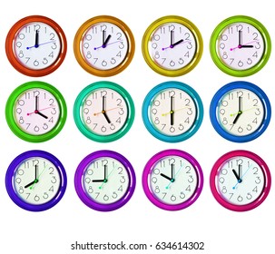 12 Isolated Multicolored Clock Variants, Each Hour Of The Day