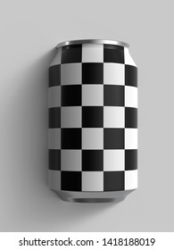 12 Oz Beer Or Soda Can. Realistic 3D Render In Checker Texture.