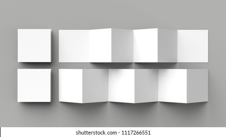 12 Page Leaflet, 6 Panel Accordion Fold - Z Fold Square Brochure Mock Up Isolated On Gray Background. 3D Illustration